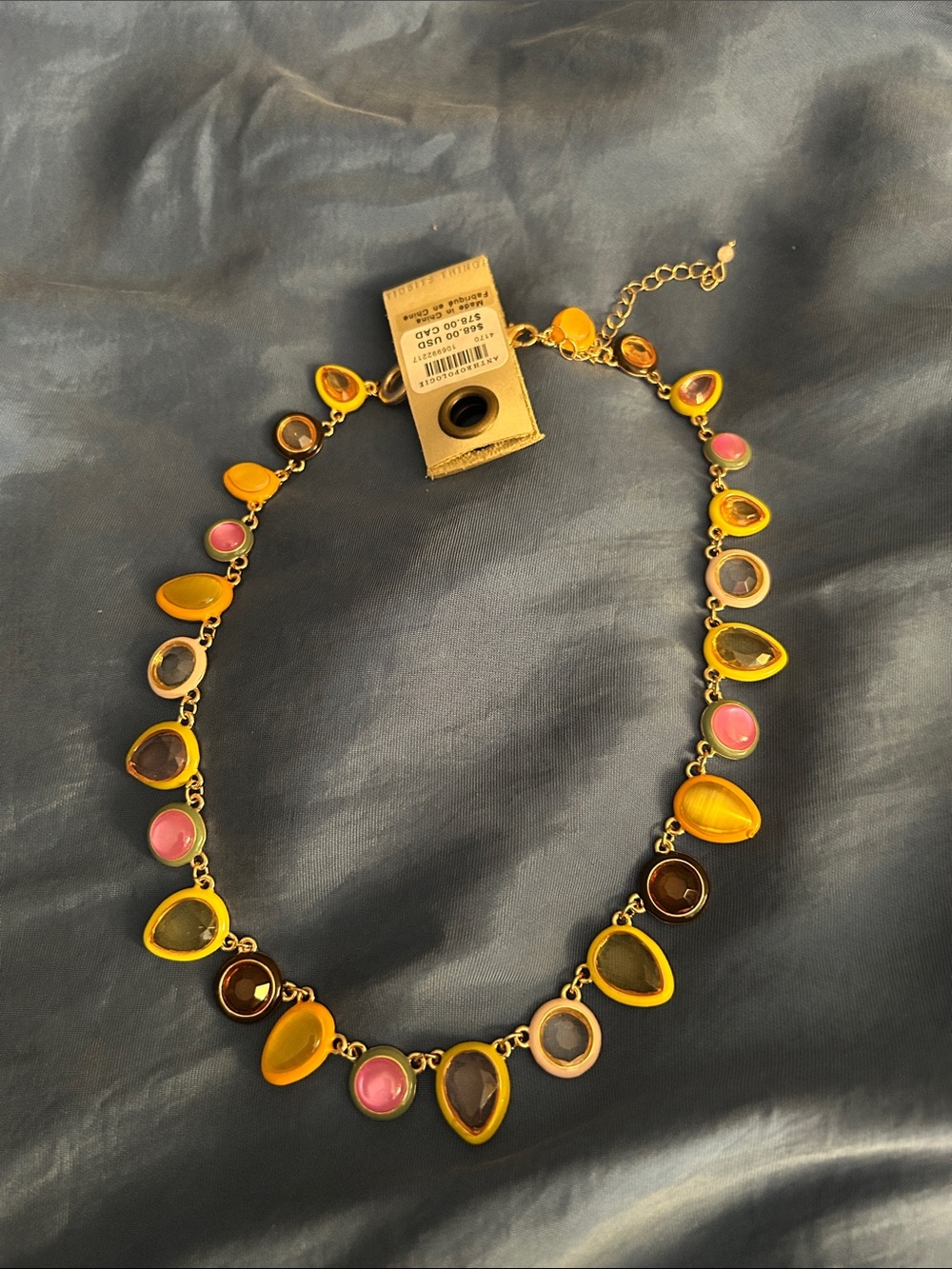 Anthropologie Multicolor Teardrop Stone Necklace in Gold Tone